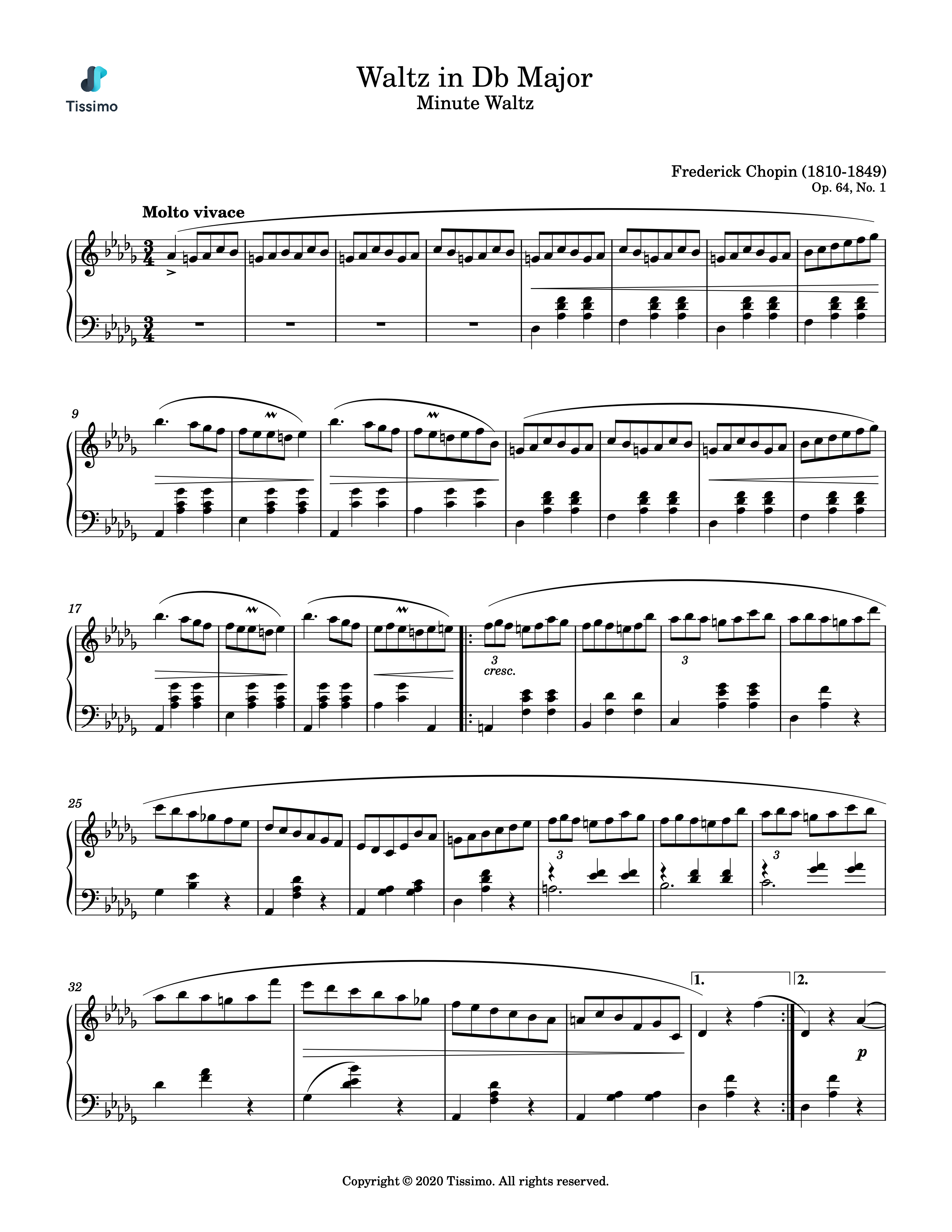 Sheet music preview for Waltz in Db Major, Op. 64, No. 1 (Minute Waltz) by Frederic Francois Chopin