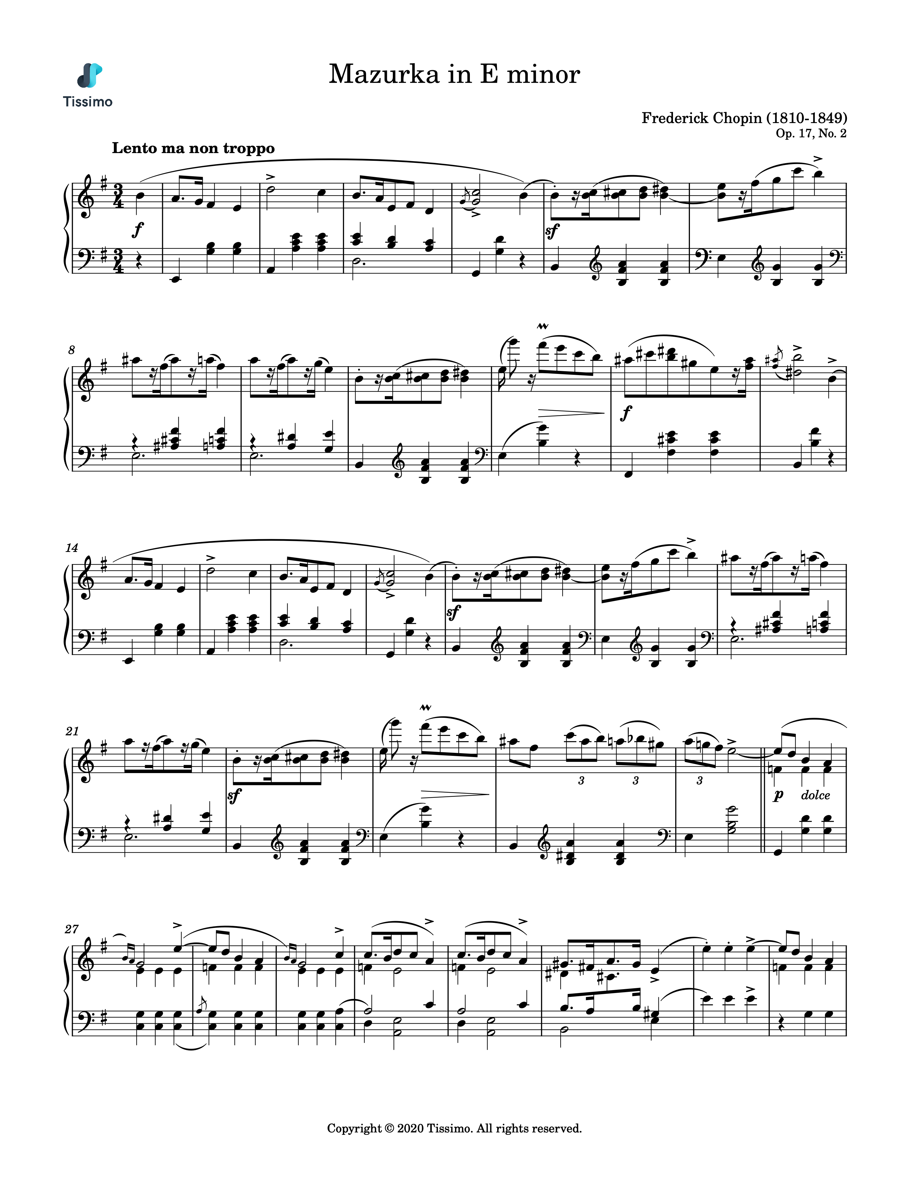 Sheet music preview for Mazurka in E minor, Op. 17, No. 2 by Frederic Francois Chopin