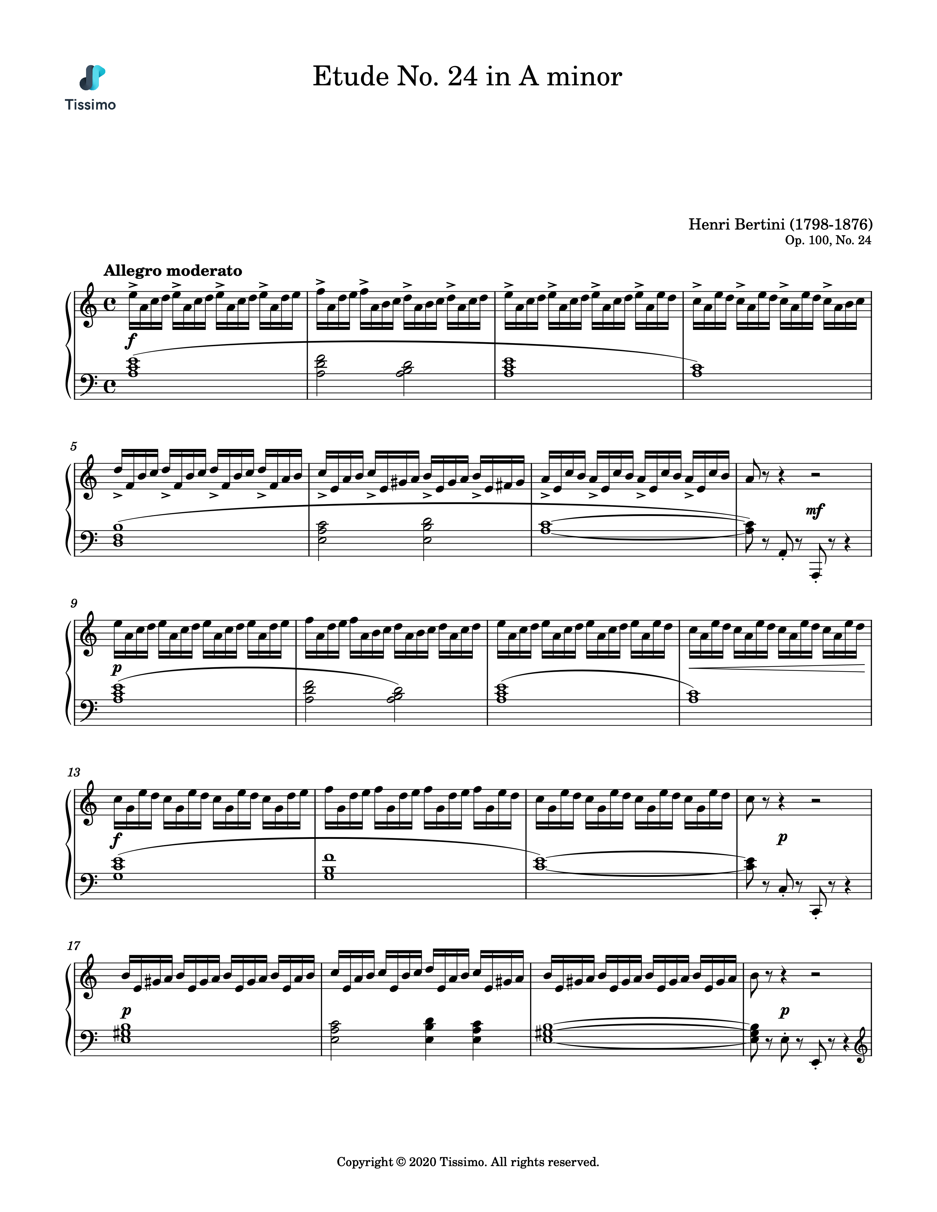 Sheet music preview for Etude in A minor, Op. 100, No. 24 by Henri Bertini