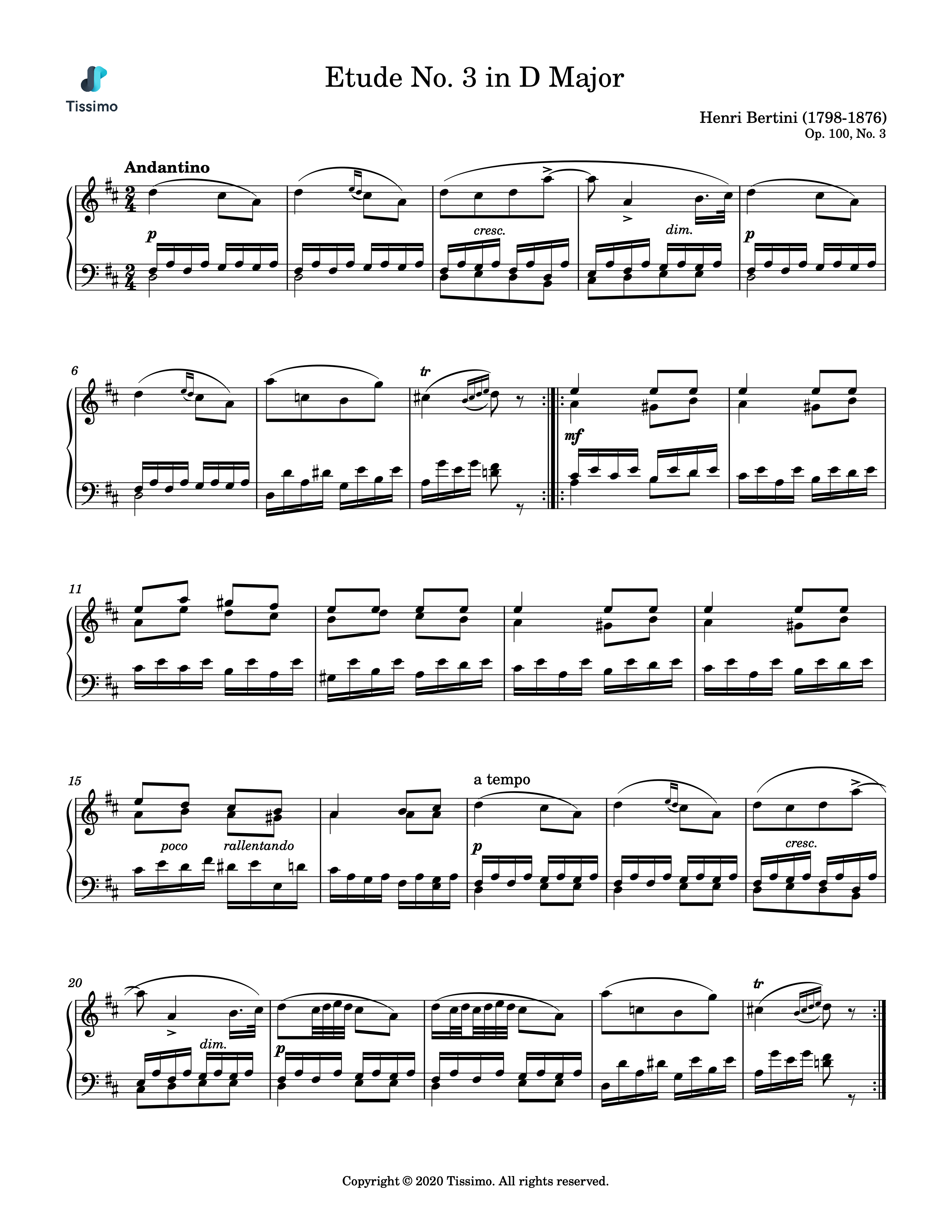Sheet music preview for Etude in D Major, Op. 100, No. 3 by Henri Bertini