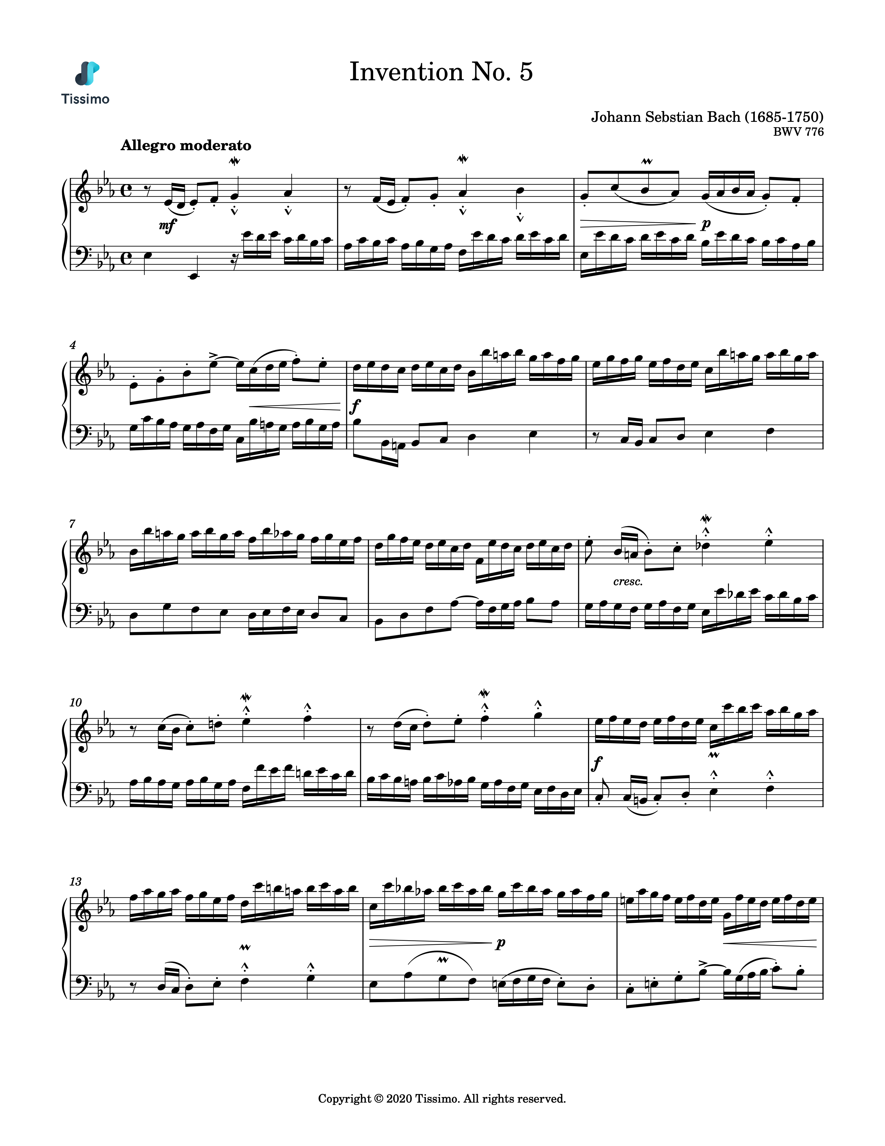 Sheet music preview for Invention No. 5, BWV 776 by Johann Sebastian Bach