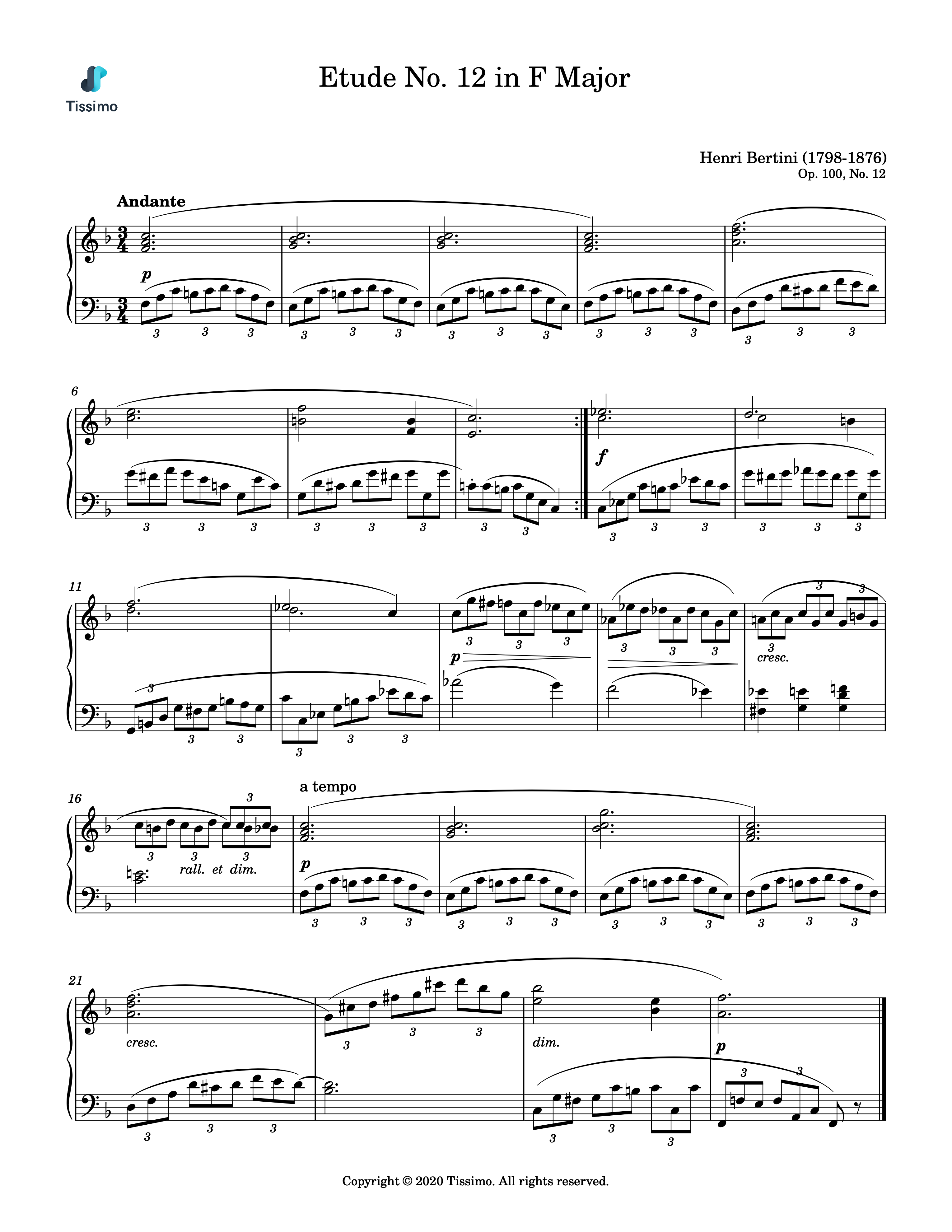Sheet music preview for Etude in F Major, Op. 100, No. 12 by Henri Bertini