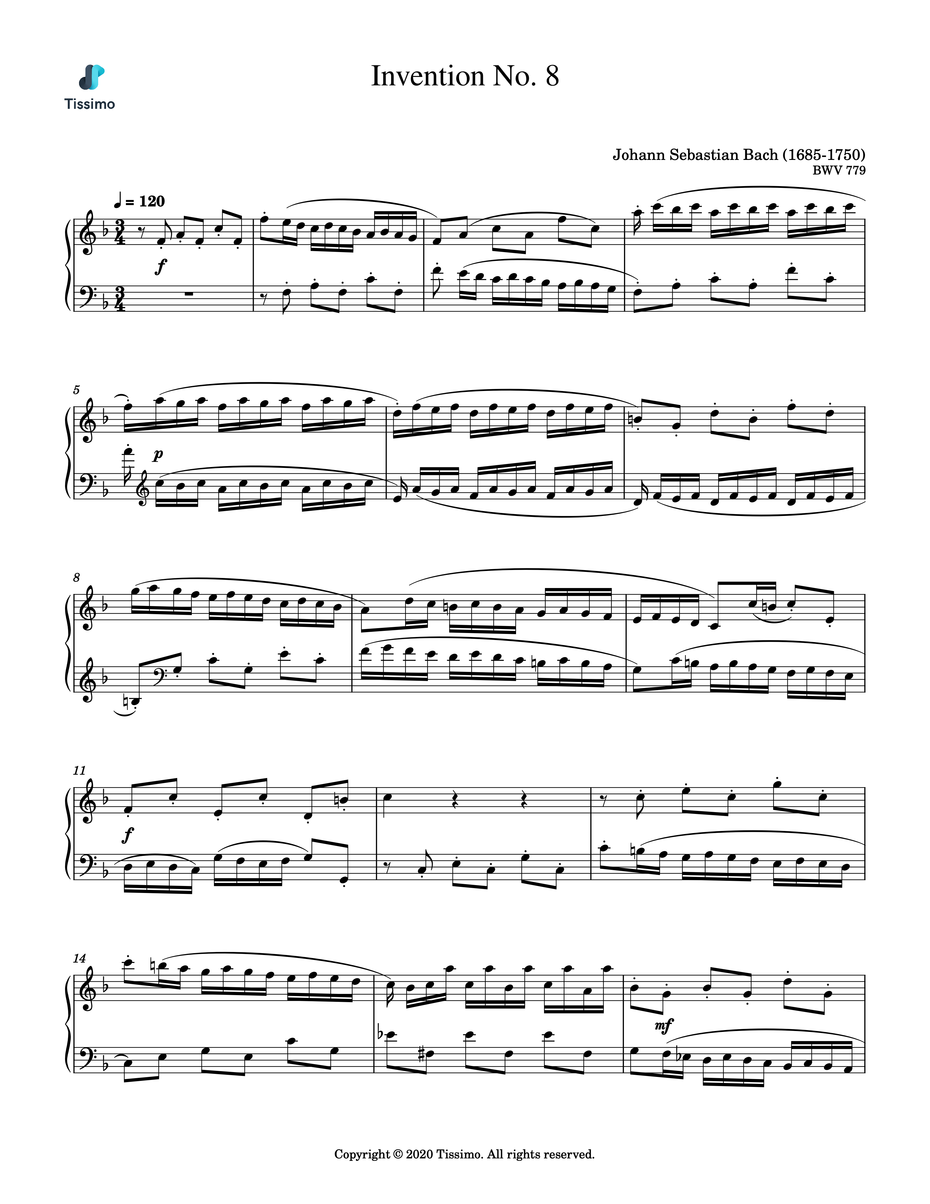 Sheet music preview for Invention No. 8, BWV 779 by Johann Sebastian Bach