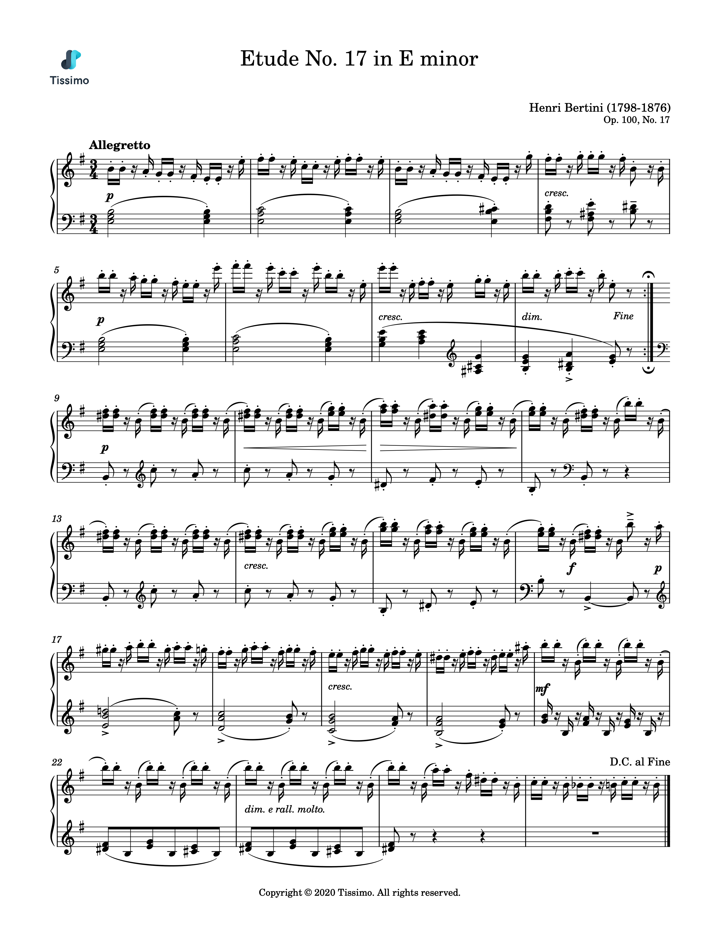 Sheet music preview for Etude in E minor, Op. 100, No. 17 by Henri Bertini