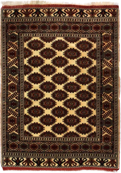 Handmade Persian rug of Turkoman style in dimensions 196 centimeters length by 140 centimetres width with mainly Yellow and Brown colors