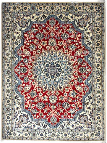 Handmade Persian rug of Nain style in dimensions 196 centimeters length by 148 centimetres width with mainly Beige and Red colors