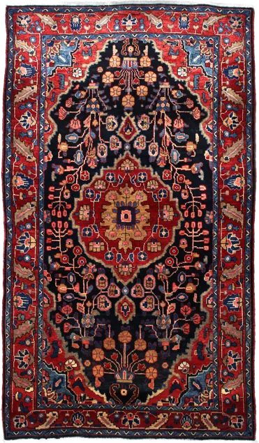 Handmade Persian rug in dimensions 224 centimeters length by 130 centimetres width with mainly Red and Blue colors