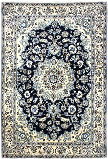 Handmade Persian rug of Nain style in dimensions 209 centimeters length by 140 centimetres width with mainly Beige and Blue colors