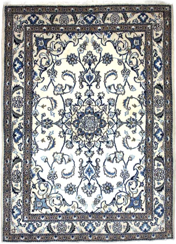 Handmade Persian rug of Nain style in dimensions 202 centimeters length by 147 centimetres width with mainly Beige and Blue colors