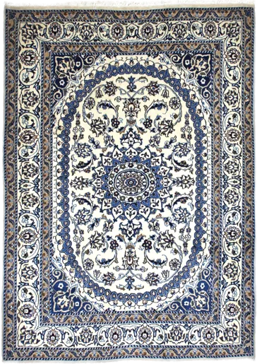 Handmade Persian rug of Nain style in dimensions 212 centimeters length by 148 centimetres width with mainly Beige and Blue colors