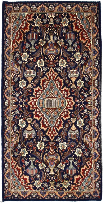 Handmade Persian rug in dimensions 210 centimeters length by 106 centimetres width with mainly Blue and Brown colors