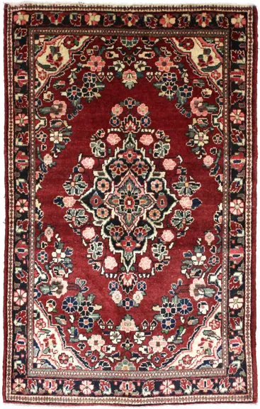 Handmade Persian rug in dimensions 204 centimeters length by 126 centimetres width with mainly Beige and Red colors