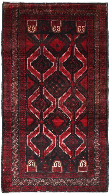 Handmade Persian rug of Baluch style in dimensions 184 centimeters length by 105 centimetres width with mainly Red and Black colors
