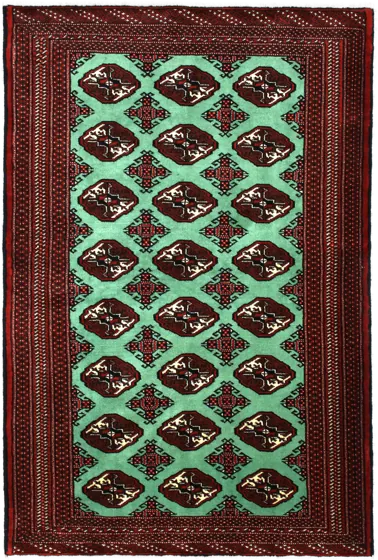Handmade Persian rug of Turkoman style in dimensions 198 centimeters length by 132 centimetres width with mainly Red and Green colors