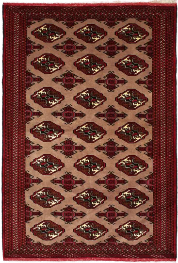 Handmade Persian rug of Turkoman style in dimensions 190 centimeters length by 130 centimetres width with mainly Red and Brown colors