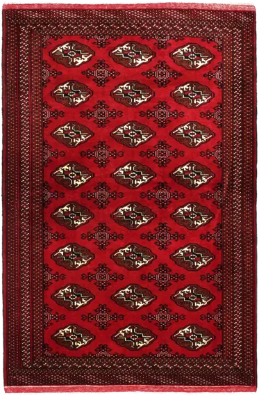 Handmade Persian rug of Turkoman style in dimensions 203 centimeters length by 132 centimetres width with mainly Red and Black colors
