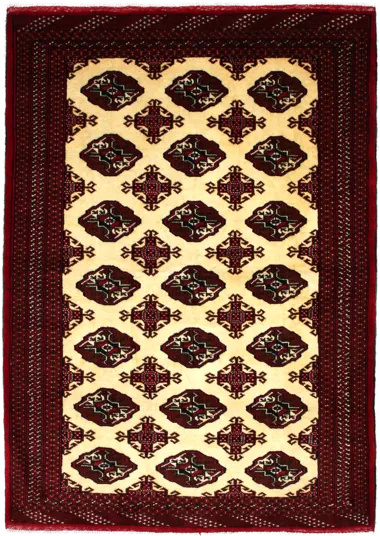 Handmade Persian rug of Turkoman style in dimensions 190 centimeters length by 132 centimetres width with mainly Beige and Red colors