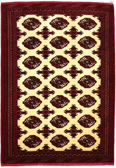 Handmade Persian rug of Turkoman style in dimensions 196 centimeters length by 136 centimetres width with mainly Beige and Red colors