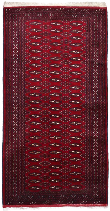 Handmade Persian rug of Turkoman style in dimensions 200 centimeters length by 102 centimetres width with mainly Red and Black colors