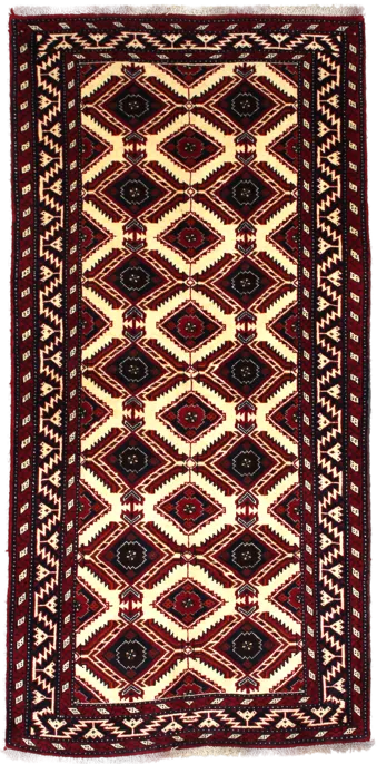 Handmade Persian rug of Baluch style in dimensions 196 centimeters length by 96 centimetres width with mainly Beige and Red colors