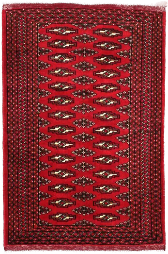 Handmade Persian rug of Turkoman style in dimensions 122 centimeters length by 80 centimetres width with mainly Red and Black colors