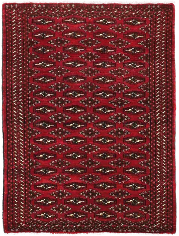 Handmade Persian rug of Turkoman style in dimensions 110 centimeters length by 83 centimetres width with mainly Red and Black colors