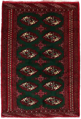 Handmade Persian rug of Turkoman style in dimensions 145 centimeters length by 97 centimetres width with mainly Red and Green colors