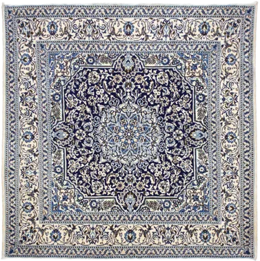 Handmade Persian rug of Nain style in dimensions 202 centimeters length by 195 centimetres width with mainly White and Blue colors