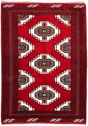 Handmade Persian rug of Turkoman style in dimensions 147 centimeters length by 105 centimetres width with mainly Beige and Red colors