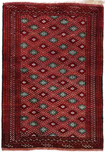 Handmade Persian rug of Turkoman style in dimensions 150 centimeters length by 102 centimetres width with mainly Red colors
