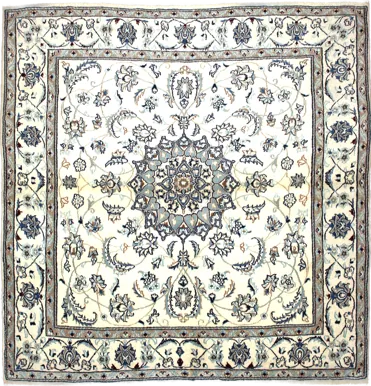 Handmade Persian rug of Nain style in dimensions 205 centimeters length by 200 centimetres width with mainly Beige and Blue colors