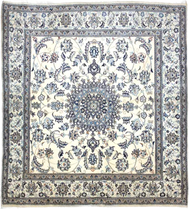 Handmade Persian rug of Nain style in dimensions 212 centimeters length by 194 centimetres width with mainly Beige and Blue colors