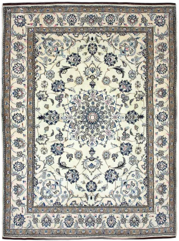 Handmade Persian rug of Nain style in dimensions 227 centimeters length by 167 centimetres width with mainly Beige and Blue colors