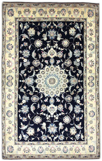 Handmade Persian rug of Nain style in dimensions 252 centimeters length by 160 centimetres width with mainly Beige and Blue colors