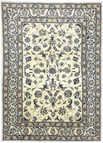 Handmade Persian rug of Nain style in dimensions 230 centimeters length by 159 centimetres width with mainly Beige and Blue colors