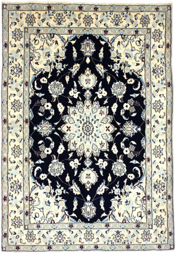 Handmade Persian rug of Nain style in dimensions 214 centimeters length by 148 centimetres width with mainly Beige and Blue colors