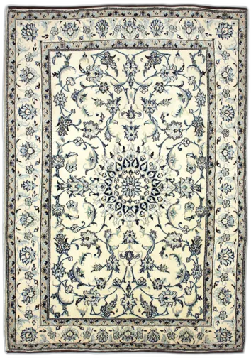 Handmade Persian rug of Nain style in dimensions 234 centimeters length by 165 centimetres width with mainly Beige and Blue colors