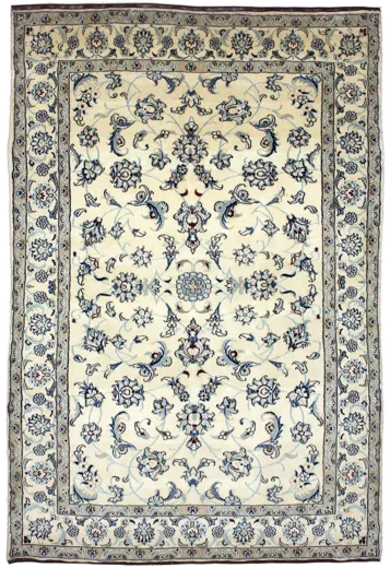 Handmade Persian rug of Nain style in dimensions 240 centimeters length by 162 centimetres width with mainly Beige and Blue colors