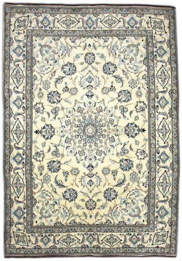 Handmade Persian rug of Nain style in dimensions 237 centimeters length by 167 centimetres width with mainly Beige and Blue colors