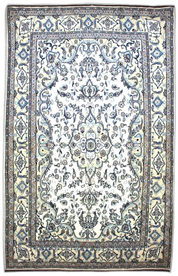 Handmade Persian rug of Nain style in dimensions 255 centimeters length by 164 centimetres width with mainly Ivory and Blue colors