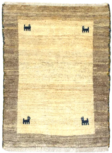Handmade Persian rug of Gabbeh style in dimensions 140 centimeters length by 102 centimetres width with mainly Beige and Brown colors