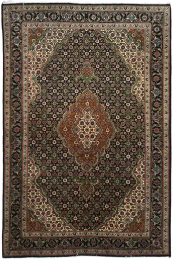 Handmade Persian rug in dimensions 150 centimeters length by 100 centimetres width with mainly Black and Green colors