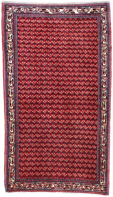 Handmade Persian rug in dimensions 115 centimeters length by 67 centimetres width with mainly Red and Blue colors