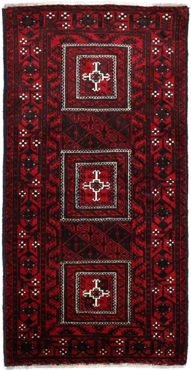 Handmade Persian rug of Baluch style in dimensions 208 centimeters length by 107 centimetres width with mainly Red colors