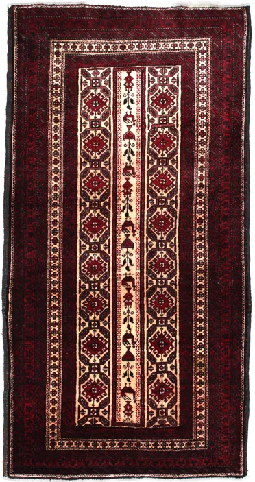 Handmade Persian rug of Baluch style in dimensions 205 centimeters length by 108 centimetres width with mainly Beige and Red colors