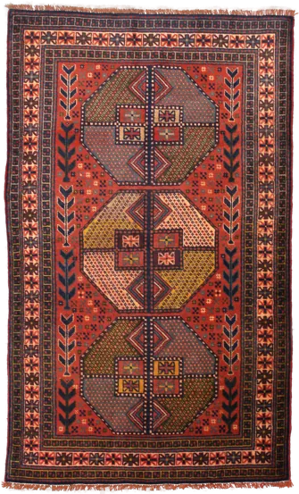 Handmade Persian rug of Baluch style in dimensions 188 centimeters length by 112 centimetres width with mainly Orange and Brown colors