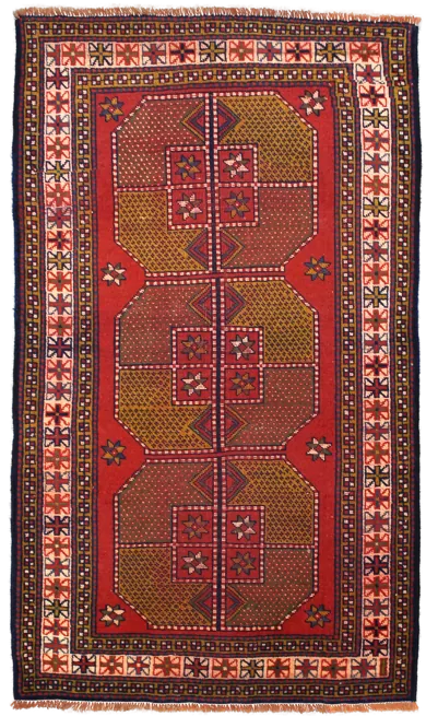 Handmade Persian rug of Baluch style in dimensions 187 centimeters length by 110 centimetres width with mainly Red and Green colors