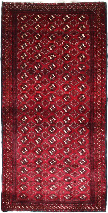 Handmade Persian rug of Baluch style in dimensions 218 centimeters length by 106 centimetres width with mainly Red and Black colors