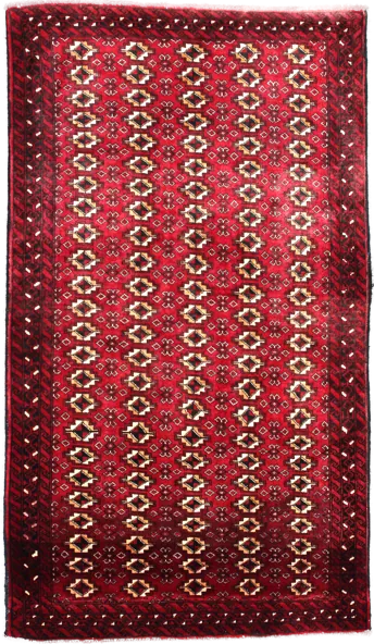 Handmade Persian rug of Baluch style in dimensions 204 centimeters length by 116 centimetres width with mainly Red colors
