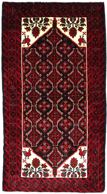 Handmade Persian rug of Baluch style in dimensions 194 centimeters length by 105 centimetres width with mainly Beige and Red colors